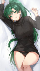 Rule 34 | 1girl, absurdres, asymmetrical bangs, black sweater, blush, breasts, earrings, fire emblem, fire emblem: the blazing blade, green eyes, green hair, high ponytail, highres, jewelry, large breasts, long hair, long sleeves, looking at viewer, lyn (fire emblem), nintendo, ormille, panties, ponytail, sweater, thighs, underwear