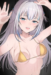 Rule 34 | 1girl, absurdres, alternate breast size, bikini, blue eyes, blue hair, breasts, gawr gura, grey hair, hair ornament, highres, hololive, hololive english, looking at viewer, medium hair, multicolored hair, nipples, open mouth, sak1 01, shark hair ornament, sharp teeth, small breasts, smile, solo, streaked hair, swimsuit, teeth, two side up, upper teeth only, virtual youtuber, yellow bikini