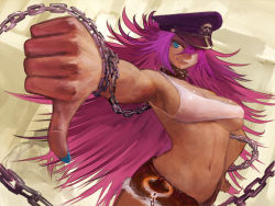 Rule 34 | 1girl, big hair, blue eyes, blue nails, breasts, capcom, chain, cleavage, collar, cuffs, final fight, foreshortening, hair over one eye, handcuffs, hat, large breasts, long hair, midriff, nail polish, navel, okojo, peaked cap, pink hair, poison (final fight), short shorts, shorts, sideboob, smile, solo, spiked collar, spikes, thumbs down, underboob, very long hair