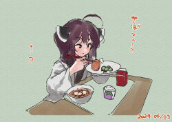 Rule 34 | 1girl, ahoge, blush, bowl, brown eyes, brown hair, chopsticks, closed mouth, commentary request, dated, food, food request, green background, headgear, holding, holding chopsticks, holding plate, japanese clothes, kimono, lamb (hitsujiniku), long sleeves, plate, solo, table, touhoku kiritan, translation request, twintails, upper body, voiceroid, white kimono, wide sleeves