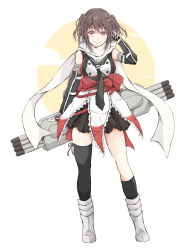 Rule 34 | 1girl, asymmetrical legwear, black gloves, black skirt, black thighhighs, brown eyes, brown hair, dairyo3, elbow gloves, fingerless gloves, full body, gloves, hair ornament, hand in own hair, highres, kantai collection, looking at viewer, scarf, school uniform, sendai (kancolle), sendai kai ni (kancolle), serafuku, simple background, single thighhigh, skirt, smile, solo, thighhighs, torpedo, two side up, uneven legwear, white background, white scarf
