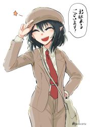 Rule 34 | 1girl, :d, ^ ^, bag, black hair, blush, brown bag, brown hat, brown jacket, brown shorts, cabbie hat, closed eyes, collared shirt, commentary request, cowboy shot, flat cap, hand on headwear, hand on own hip, happy, hat, highres, jacket, long sleeves, messenger bag, necktie, no wings, open mouth, pointy ears, red necktie, retora, shameimaru aya, shameimaru aya (newsboy), shirt, short hair, shorts, shoulder bag, simple background, smile, solo, star (symbol), suit jacket, tie clip, touhou, translation request, white background, white shirt
