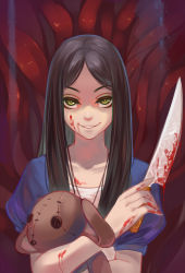 Rule 34 | 1girl, alice: madness returns, alice (alice in wonderland), alice in wonderland, alice liddell (american mcgee&#039;s alice), american mcgee&#039;s alice, american mcgee's alice, aurora rokudo, black hair, blood, breasts, calligraphy brush (medium), commentary, dress, green eyes, highres, knife, long hair, looking at viewer, open mouth, smile, solo, stuffed animal, stuffed rabbit, stuffed toy, weapon