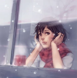 Rule 34 | 1girl, blouse, cup, from side, head rest, heart, messy hair, original, scarf, shirt, snow, snowing, solo, studio qube, white shirt, window