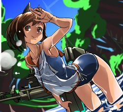 Rule 34 | 10s, 1girl, bare shoulders, brown eyes, brown hair, i-401 (kancolle), kantai collection, one-piece swimsuit, personification, ponytail, school swimsuit, school uniform, short hair, short ponytail, smile, soaking feet, solo, swimsuit, swimsuit under clothes, tagaya6592, wading, water