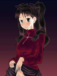 Rule 34 | 00s, 1girl, clothes lift, fate/stay night, fate (series), no panties, pomo rosso, skirt, skirt lift, solo, tohsaka rin, turtleneck, two side up