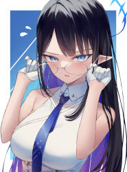 Rule 34 | 1girl, 200f (nifu), ?, absurdres, black hair, blue archive, blue background, blue eyes, blue necktie, blush, border, breasts, collared shirt, colored inner hair, flying sweatdrops, glasses, gloves, gradient background, halo, hands up, highres, impossible clothes, impossible leotard, large breasts, leotard, long hair, looking at viewer, multicolored hair, necktie, outside border, parted lips, purple hair, removing eyewear, rimless eyewear, rin (blue archive), shirt, sleeveless, sleeveless shirt, solo, two-tone hair, upper body, v-shaped eyebrows, very long hair, white border, white gloves, white shirt