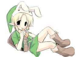 Rule 34 | 1boy, animal ears, black eyes, blonde hair, blush, boots, briefs, rabbit ears, carrot, child, headband, link, male focus, male underwear, nintendo, open mouth, pointy ears, shield, short hair, solo, suama, the legend of zelda, the legend of zelda: ocarina of time, underwear, young link
