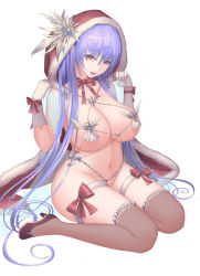 Rule 34 | 1girl, :d, bad anatomy, bad id, bad pixiv id, blue hair, bow, breasts, brown thighhighs, cleavage, gloves, hands up, hat, hat feather, large breasts, long hair, looking at viewer, navel, open mouth, pink eyes, red bow, red hat, red neckwear, rinmmo, sitting, smile, thigh strap, thighhighs, thighs, very long hair, wariza, white background, white gloves