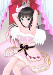 Rule 34 | 1girl, aqua eyes, arm over head, artist name, artist request, bare legs, bare shoulders, black bow, black hair, blush, bow, breasts, choker, cleavage, collarbone, dress, earrings, etzalindex, ezzari (etzalindex), feathers, female focus, fur-trimmed dress, fur trim, gloves, green eyes, hair ornament, hairclip, hand over head, heart, heart print, highres, jewelry, kurosawa dia, long hair, looking at viewer, love live!, love live! school idol festival, love live! school idol festival all stars, love live! sunshine!!, medium breasts, mole, mole under mouth, necklace, parted lips, pearl necklace, pink choker, pink dress, pink headwear, pink skirt, pom pom (clothes), pom pom earrings, sitting, skirt, smile, solo, white feathers, white gloves, white wings, wings
