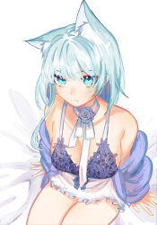 Rule 34 | 1girl, animal ears, arknights, bare shoulders, blue eyes, blue hair, breasts, choker, clothes around waist, dress, frilled dress, frills, highres, jacket, jacket around waist, kal&#039;tsit (arknights), miuli absurd, on bed, ribbon choker, short hair, simple background, sitting, thighs