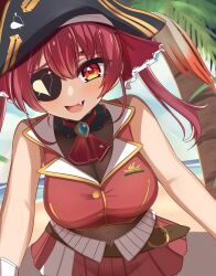 Rule 34 | 1girl, arrow through heart, ascot, beach, black choker, black hat, blush, breasts, choker, cropped jacket, eyepatch, fang, frilled choker, frills, hair ribbon, hat, highres, hololive, houshou marine, houshou marine (1st costume), jacket, kirby lord, large breasts, leotard, leotard under clothes, long hair, looking at viewer, miniskirt, open mouth, palm leaf, palm tree, pirate hat, pleated skirt, red ascot, red eyes, red hair, red jacket, red ribbon, red skirt, ribbon, sand, skirt, sleeveless, sleeveless jacket, smile, solo, tree, twintails, virtual youtuber, water