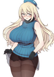 Rule 34 | 10s, 1girl, alternate costume, atago (kancolle), bespectacled, black pantyhose, blonde hair, blush, breasts, glasses, green eyes, huge breasts, impossible clothes, impossible sweater, kantai collection, long hair, looking at viewer, panties, panties under pantyhose, pantyhose, pas (paxiti), ribbed sweater, simple background, sleeveless, sleeveless turtleneck, smile, solo, sweater, thighband pantyhose, turtleneck, underwear, white background