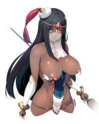 Rule 34 | 1girl, aqua eyes, arm wrap, bad id, bad twitter id, bare shoulders, black hair, breasts, bridal gauntlets, circlet, collarbone, covered navel, cowboy shot, dark-skinned female, dark skin, fate/grand order, fate (series), forehead jewel, hat, heart, heart-shaped pupils, highres, jewelry, kurowa, large breasts, lips, long hair, looking at viewer, mouth veil, nippleless clothes, nipples, revealing clothes, ring, scheherazade (fate), shiny skin, sidelocks, simple background, smile, solo, staff, symbol-shaped pupils, thumb ring, veil, white background