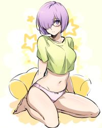 Rule 34 | 1girl, alternate costume, aono shimo, bad id, bad twitter id, breasts, cushion, fate/grand order, fate (series), glasses, green shirt, hair over one eye, highres, looking at viewer, mash kyrielight, md5 mismatch, medium breasts, midriff, navel, no pants, panties, pink panties, purple eyes, purple hair, resized, shirt, short hair, simple background, sitting, solo, source request, star (symbol), t-shirt, underwear, wariza, white background