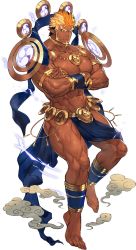 Rule 34 | 1boy, abs, ass, bara, bare pectorals, barefoot, blonde hair, brown hair, bulge, cloth, crossed arms, dark-skinned male, dark skin, facial hair, floating, floating object, full body, goatee, gyee, highres, large pectorals, lightning bolt symbol, long sideburns, magatama, male focus, mature male, muscular, muscular male, navel, nikism, nipples, official art, orange eyes, orange hair, pectorals, pelvic curtain, pointy ears, raikoh (paradiso guardian), revealing clothes, short hair, sideburns, solo, stomach, thick thighs, thighs, transparent background