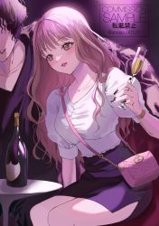 Rule 34 | 1boy, 1girl, alcohol, anoa, bag, black nails, black shirt, breasts, brown eyes, brown hair, champagne, champagne bottle, champagne flute, collarbone, commission, cup, drinking glass, highres, holding, holding cup, indoors, long hair, medium breasts, nail polish, original, parted lips, pencil skirt, puffy short sleeves, puffy sleeves, purple skirt, red lips, shirt, short sleeves, shoulder bag, skeb commission, skirt, smile, solo focus, table, twitter username, very long hair, white shirt