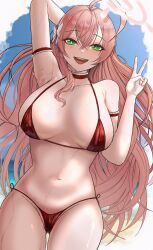 Rule 34 | 1girl, :d, absurdres, alternate costume, arm behind head, bikini, blue archive, blush, breasts, ffang tb, green eyes, halo, hanako (blue archive), hanako (swimsuit) (blue archive), highres, large breasts, long hair, looking at viewer, micro bikini, navel, open mouth, pink hair, red bikini, sideboob, smile, solo, stomach, swimsuit, teeth, v