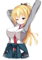 Rule 34 | 1girl, :3, arms up, between breasts, black bow, blonde hair, blush, bow, breasts, closed mouth, clothes around waist, commentary, cowboy shot, eyelashes, green jacket, grey shirt, hair between eyes, hair bow, highres, jacket, large breasts, lena liechtenauer, long hair, long sleeves, necktie, necktie between breasts, one eye closed, ponytail, purple eyes, red necktie, school uniform, senren banka, shirt, simple background, solo, stretching, takepoison, two-tone shirt, v-shaped eyebrows, very long hair, white background, white shirt