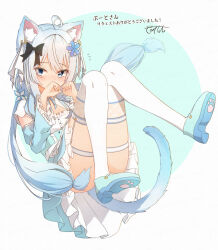 Rule 34 | 1girl, ahoge, animal ears, ass, black bow, blue background, blue dress, blue eyes, blue flower, blue footwear, blue hair, blush, bow, cat ears, cat girl, cat tail, commentary request, commission, convenient leg, coreytaiyo, covered mouth, dress, flower, flying sweatdrops, frilled dress, frills, full body, gradient hair, grey hair, hair bow, hair flower, hair ornament, hands up, highres, knees together feet apart, knees up, long hair, looking at viewer, multicolored hair, original, round image, shirt, shoe soles, signature, skeb commission, solo, tail, thighhighs, translation request, two-tone background, very long hair, white background, white shirt, white thighhighs
