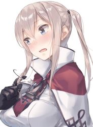 Rule 34 | 10s, 1girl, anchor, black gloves, blonde hair, blue eyes, blush, breasts, capelet, cross, gloves, graf zeppelin (kancolle), hair between eyes, twirling hair, head tilt, jacket, kantai collection, large breasts, long hair, looking away, military, military uniform, necktie, no headwear, no headwear, open mouth, pale skin, sidelocks, simple background, solo, tsurime, twintails, uniform, upper body, white background, yomo (majidon)