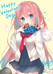 Rule 34 | 1girl, 2017, artist name, bad id, bad twitter id, between fingers, black thighhighs, blue eyes, blue scarf, blue skirt, blush, braid, breasts, candy, cardigan, cat, chocolate, chocolate heart, commentary request, covered mouth, crown braid, dated, feathered wings, feathers, food, hair between eyes, happy valentine, heart, heart-shaped pupils, high-waist skirt, holding, holding food, long hair, looking at viewer, medium breasts, neckerchief, open cardigan, open clothes, original, pink hair, plaid, plaid scarf, pleated skirt, satsuki mayuri, scarf, signature, simple background, sitting, skirt, solo, symbol-shaped pupils, thighhighs, v, very long hair, wings, yellow background