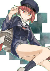Rule 34 | 10s, 1girl, alternate eye color, bad id, bad pixiv id, blush, clothes writing, expressionless, hat, kantai collection, long sleeves, looking at viewer, machinery, military, military uniform, naro0427, neckerchief, orange eyes, outline, red hair, sailor collar, sailor hat, short hair, solo, uniform, z3 max schultz (kancolle)