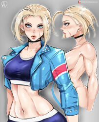 Rule 34 | 1girl, absurdres, almualim, blonde hair, breasts, cammy white, highres, jacket, large breasts, long hair, midriff, solo, street fighter, street fighter 6