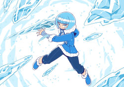 Rule 34 | 1girl, arm blade, arm warmers, blue eyes, blue hair, blue jacket, blue theme, blunt bangs, bob cut, boots, cryokinesis, frown, full body, fur-trimmed boots, fur-trimmed jacket, fur-trimmed sleeves, fur trim, hood, hood down, hooded jacket, ice, incoming attack, inverted bob, jacket, long sleeves, looking at viewer, original, reina (sunafuki tabito), snow, solo, sunafuki tabito, weapon, winter clothes