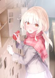 Rule 34 | 1girl, absurdres, blunt bangs, blush, box, brown eyes, embarrassed, flying sweatdrops, gift, grey jacket, hair ornament, hairclip, heart-shaped box, highres, indoors, jacket, locker, long hair, long sleeves, looking at viewer, minau37, open mouth, original, red scarf, scarf, school uniform, signature, skirt, solo, striped clothes, striped scarf, valentine, white hair, white skirt