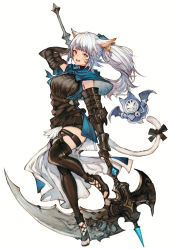 Rule 34 | 1girl, :d, animal ears, arm behind head, warrior of light (ff14), belt, black footwear, black jacket, blue eyes, blue hair, blunt bangs, boots, bow, cat ears, cat girl, cat tail, commission, earrings, facial mark, final fantasy, final fantasy xiv, fingerless gloves, from side, full body, gaelicat, gauntlets, gloves, hair ribbon, heterochromia, highres, holding, holding scythe, holding weapon, jacket, jewelry, kemomin nosuke, leg up, legwear garter, long hair, looking at viewer, miqo&#039;te, open mouth, ponytail, reaper (final fantasy), red eyes, ribbon, scythe, simple background, single earring, skeb commission, sleeveless, sleeveless jacket, smile, solo, standing, standing on one leg, tail, tail bow, tail ornament, thigh boots, toeless footwear, turtleneck, weapon, white background