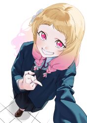 Rule 34 | 1girl, absurdres, blazer, blonde hair, blue jacket, brown footwear, dress, from above, gradient hair, grey dress, highres, jacket, loafers, long hair, long sleeves, looking at viewer, love live!, love live! superstar!!, multicolored hair, neck ribbon, onitsuka natsumi, open clothes, open jacket, pink eyes, pink hair, pink nails, red ribbon, repurika, ribbon, school uniform, selfie, shoes, smile, solo, upper body, white background, winter uniform, yuigaoka school uniform