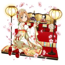 Rule 34 | 1girl, aged down, asuna (sao), brown eyes, brown hair, floral print, flower, from above, full body, hair flower, hair ornament, hair ribbon, highres, hina ningyou, hinadan, japanese clothes, kimono, kneeling, long sleeves, looking at viewer, looking back, official art, parted lips, petals, pink flower, print kimono, print sleeves, red ribbon, ribbon, short hair, sleeveless, sleeveless kimono, socks, solo, sword art online, transparent background, white ribbon, white socks, wide sleeves, yellow kimono, yellow sleeves