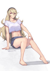 Rule 34 | 1girl, alternate costume, arm support, bare legs, barefoot, black hairband, blonde hair, blouse, bra strap, breasts, commentary, contemporary, corrin (female) (fire emblem), corrin (fire emblem), crop top, english commentary, feet, fire emblem, fire emblem fates, frown, full body, gradient background, grey background, hair between eyes, hairband, hand on own knee, legs, long hair, looking at viewer, medium breasts, navel, nintendo, phrecklesart, red eyes, shadow, shirt, short sleeves, shorts, sidelocks, signature, sitting, solo, stomach, thighs, toes, white background, white shirt