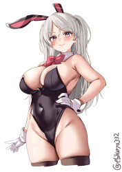 Rule 34 | 1girl, animal ears, black leotard, blush, bow, bowtie, breasts, cleavage, closed mouth, conte di cavour (kancolle), covered navel, cowboy shot, cropped legs, detached collar, ebifurya, fake animal ears, gloves, grey hair, groin, hand up, highleg, highleg leotard, highres, huge breasts, kantai collection, large breasts, leotard, long hair, looking at viewer, one-hour drawing challenge, parted bangs, playboy bunny, rabbit ears, sideboob, simple background, skindentation, solo, strapless, strapless leotard, thighhighs, thighs, traditional bowtie, twitter username, very long hair, white background, white gloves