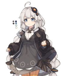 Rule 34 | 1girl, :t, ahoge, black bow, black jacket, blue eyes, blush, bow, braid, breasts, closed mouth, collared shirt, color guide, commentary request, cowboy shot, dress, fingerless gloves, gloves, grey dress, hair ornament, jacket, kizuna akari, long hair, long sleeves, low twintails, medium breasts, natsuki teru, open clothes, open jacket, orange gloves, orange legwear, pantyhose, pout, puffy long sleeves, puffy sleeves, shirt, silver hair, simple background, sleeves past wrists, solo, striped bow, striped clothes, striped gloves, striped legwear, striped pantyhose, twin braids, twintails, vertical-striped clothes, vertical-striped legwear, vertical-striped pantyhose, very long hair, vocaloid, voiceroid, white background, white shirt