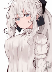 Rule 34 | 1girl, beni shake, black bow, bow, braid, breasts, closed mouth, commentary request, fate/grand order, fate (series), grey background, grey eyes, hair bow, long hair, looking at viewer, medium breasts, morgan le fay (fate), ponytail, ribbed sweater, signature, simple background, solo, sweater, translation request, turtleneck, turtleneck sweater, upper body, white hair, white sweater