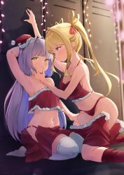 Rule 34 | 2girls, aomaru, armpits, blonde hair, blush, christmas, embarrassed, hand on another&#039;s face, hand on another&#039;s leg, hat, highres, kneeling, long hair, looking away, multiple girls, on floor, original, panties, purple eyes, purple hair, red panties, santa hat, twintails, underwear, yellow eyes, yuri