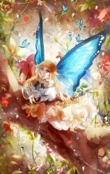 Rule 34 | 1girl, absurdres, bare shoulders, blue butterfly, blue eyes, blue flower, blue wings, braid, branch, bug, butterfly, butterfly wings, closed mouth, commentary request, cui (jidanhaidaitang), dress, eyelashes, flower, full body, hair flaps, hands up, head rest, highres, in tree, insect, insect wings, long hair, looking at viewer, merc storia, outdoors, parted bangs, pink flower, plant, pointy ears, red flower, sarodia, sidelocks, smile, solo, tiara, tree, very long hair, vines, water, water drop, white flower, wide sleeves, wings, yellow flower
