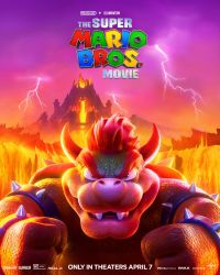 Rule 34 | 1boy, 3d, bowser, clenched hands, cloud, cloudy sky, commentary, copyright name, english commentary, evil grin, evil smile, fangs, grin, highres, horns, key visual, lightning, logo, looking at viewer, mario (series), lava, nintendo, official art, promotional art, red eyes, red hair, sky, smile, solo, the super mario bros. movie, v-shaped eyebrows, volcano