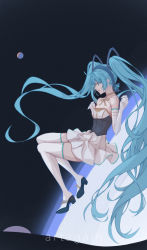 Rule 34 | 1girl, absurdly long hair, absurdres, anniversary, aqua eyes, aqua hair, artagain, artist name, artist request, black dress, blue eyes, blue hair, boots, bow, bowtie, breasts, choker, clenched hands, collarbone, dress, elbow sleeves, female focus, floating, frilled dress, frills, full body, gloves, hatsune miku, highres, long hair, skirt, small breasts, solo, striped clothes, striped dress, twintails, vertical-striped clothes, vertical-striped dress, very long hair, vocaloid, white dress, white footwear, white gloves, white legwear, white skirt, yellow bow, yellow choker