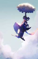 Rule 34 | 1girl, above clouds, absurdres, ayaka (genshin impact), blue dress, blue eyes, blue hair, blunt bangs, boots, braid, brown footwear, butterfly hair ornament, closed mouth, cloud, cross-laced footwear, dress, floral print, flower, frilled dress, frills, from side, genshin impact, hair flower, hair ornament, hair up, hat, hat flower, hat ribbon, high heel boots, high heels, highres, holding, holding umbrella, jumping, kamisato ayaka, kamisato ayaka (springbloom missive), knee boots, lace-up boots, light blue hair, long sleeves, looking at viewer, official alternate costume, official alternate hairstyle, pantyhose, parasol, puffy long sleeves, puffy sleeves, qixia, ribbon, solo, umbrella, white pantyhose, white ribbon, white umbrella