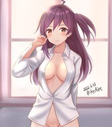 Rule 34 | 1girl, ahoge, ame-san, breasts, brown eyes, dress shirt, hagikaze (kancolle), highres, kantai collection, large breasts, long hair, long sleeves, naked shirt, no panties, one side up, out-of-frame censoring, purple hair, resolution mismatch, shirt, smile, solo, source smaller, white shirt