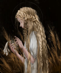 Rule 34 | 1boy, black background, blonde hair, braid, closed eyes, crown braid, elden ring, flower, from side, halo, highres, holding, holding flower, lamissems, lily (flower), long hair, miquella (elden ring), multiple braids, robe, very long hair, wheat, wheat field, white robe