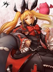 Rule 34 | 1girl, armpits, black ribbon, black shirt, blazblue, blonde hair, blunt bangs, bow, bowtie, cross, detached sleeves, frilled shirt, frilled skirt, frilled sleeves, frills, gothic lolita, hair ribbon, highres, lolita fashion, long hair, long sleeves, looking at viewer, rachel alucard, red bow, red bowtie, red cross, red eyes, ribbon, shirt, skirt, skirt set, solo, sowel (sk3), twintails, two side up, wide sleeves