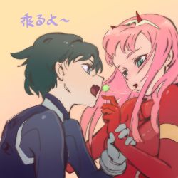 Rule 34 | 10s, 1boy, 1girl, black bodysuit, black hair, bodysuit, breasts, candy, comic, commentary, couple, darling in the franxx, english commentary, food, gloves, hair ornament, hairband, hetero, highres, hiro (darling in the franxx), holding, holding another&#039;s arm, holding candy, holding food, holding lollipop, horns, industry age, lollipop, long hair, looking at another, medium breasts, oni horns, pilot suit, pink hair, red bodysuit, red gloves, red horns, saliva, saliva trail, short hair, translation request, white gloves, white hairband, zero two (darling in the franxx)