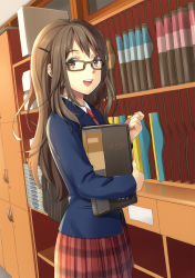 Rule 34 | 1girl, book, brown eyes, brown hair, glasses, hair ornament, highres, holding, holding book, indoors, long hair, looking at viewer, matching hair/eyes, md5 mismatch, necktie, open mouth, original, pleated skirt, red necktie, red skirt, school uniform, skirt, solo, unya