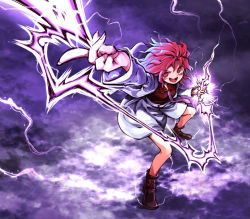 Rule 34 | 1girl, arm up, electricity, electrokinesis, full body, harusame (unmei no ikasumi), horikawa raiko, jacket, lightning, long sleeves, looking at viewer, necktie, open clothes, open jacket, open mouth, red eyes, red hair, shirt, skirt, smile, solo, touhou
