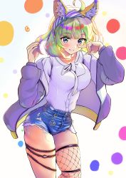 Rule 34 | 1girl, absurdres, ahoge, animal ears, aqua eyes, bow, breasts, c (theta), feet out of frame, fishnets, fox shadow puppet, green hair, grin, hair bow, hands up, highres, idolmaster, idolmaster million live!, jacket, large breasts, looking at viewer, open clothes, open jacket, shimabara elena, shirt, short hair, short shorts, shorts, smile, solo, standing, thigh strap, thighhighs