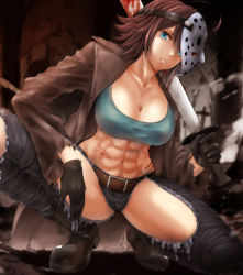 Rule 34 | 1girl, abs, ahoge, belt, belt buckle, bishoujo terror, black gloves, blood, bloody weapon, blue eyes, boots, breasts, brown belt, brown footwear, brown hair, brown jacket, buckle, cleavage, clothing cutout, collarbone, commentary request, cropped shirt, denim, friday the 13th, full body, genderswap, genderswap (mtf), gloves, green shirt, highres, hockey mask, jacket, jason voorhees, jeans, large breasts, leather, leather jacket, looking at viewer, machete, mask, mask on head, midriff, navel, open clothes, open jacket, over shoulder, pants, parted lips, scar, shirt, short hair, sidelocks, solo, squatting, thigh cutout, torn clothes, torn jeans, torn pants, watarui, weapon, weapon over shoulder